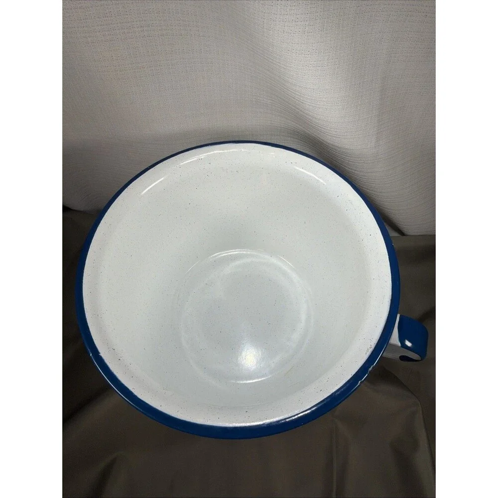 Vintage Enamelware Popcorn Bowl White Cobalt Blue Trim Speckled Pot 8.75” Large